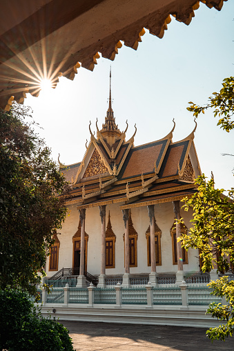 Sunrise view of silver pagoda in Phnom Penh royal palace of temples in Cambodia