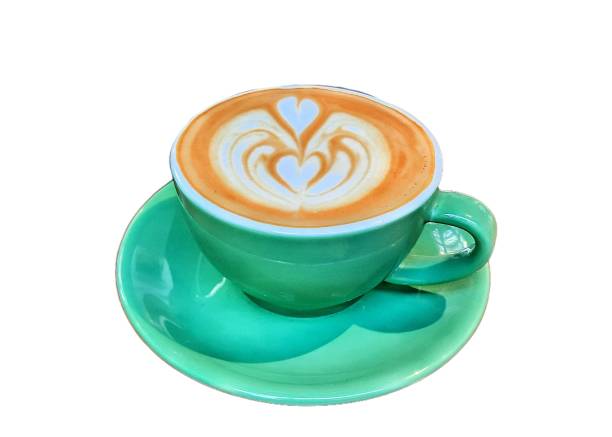 istock Hot latte coffee with latte art in ceramic cup isolated on white background. 2128376526