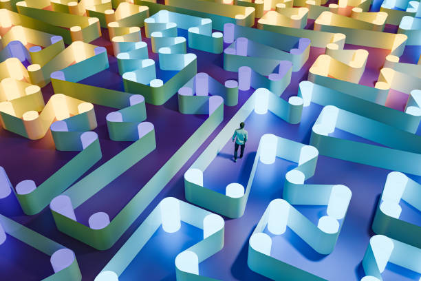 istock Man walking in abstract maze 2128410819