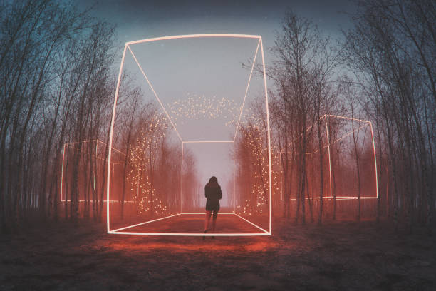 istock Woman walking in mysterious forest at night 2128411333