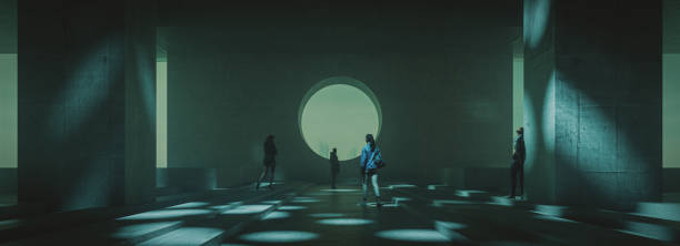 People walking in futuristic brutalist concrete environment. 3D generated image.