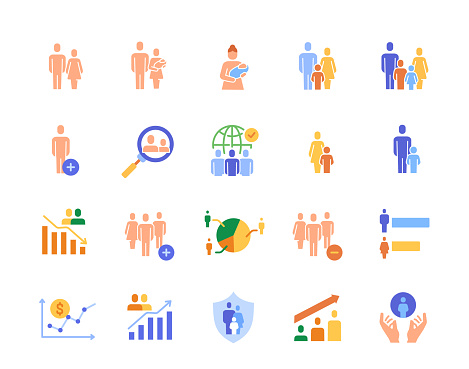 Set of colorful Demographic Icons. Bright signs with social groups, birth and death statistics and population numbers. Design for app. Cartoon flat vector collection isolated on white background