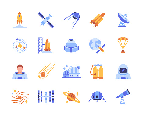 Set of color space related icons. Bright signs with rocket, space station, comet, astronaut, solar system, planet, galaxy. Design for app. Cartoon flat vector collection isolated on white background