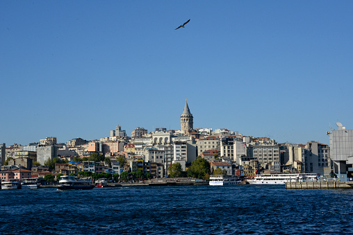 Istanbul, Turkey - September 7, 2022: Karakoy district - Galata tower in the centre of Karakoy, former Galata district