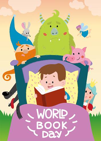 World Book Day. Colorful poster with little boy lying on bed and reading textbook surrounded by various cute fairy tale characters. Child lover of literature. Cartoon flat vector illustration