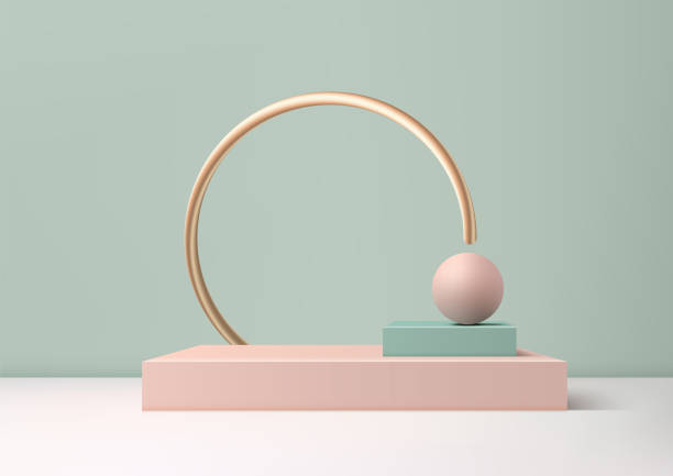 istock 3D pink pastel color podium with a gold ring around the middle and a sphere geometric elements on top and green background. Product display 2128488997