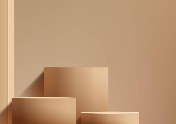 istock 3D brown three podiums in various sizes sits on a beige background, Minimal style, Product display, Mockup, Showcase, Showroom presentation 2128489013