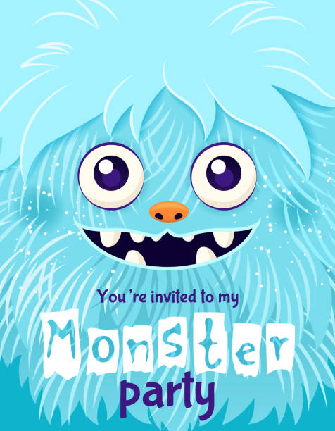 Monster party invitation. Happy Birthday greeting card. Monster party invitation. Happy Birthday greeting card. Festive postcard featuring a fluffy cartoon monster. Vector design with a cute creature for your celebration event. Layered template with text. yeti cartoons stock illustrations