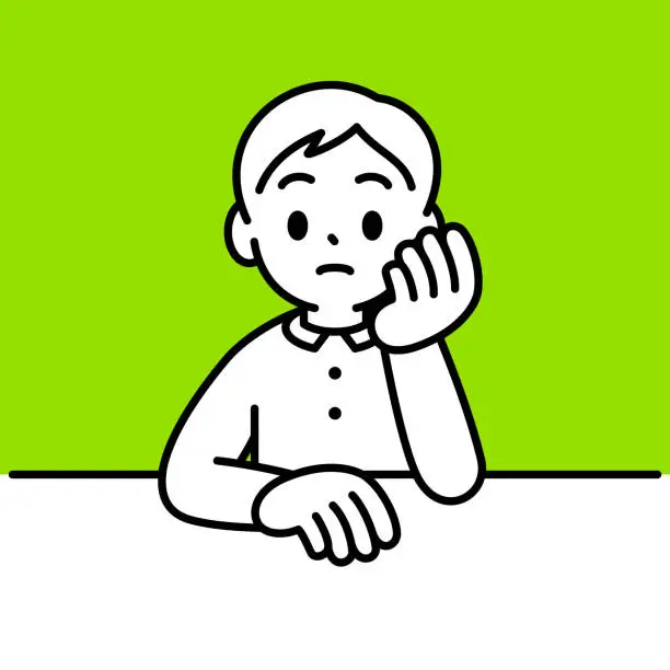 Vector illustration of A boy sitting at the table, hands on the chin, head leaning on hand, minimalist style, black and white outline