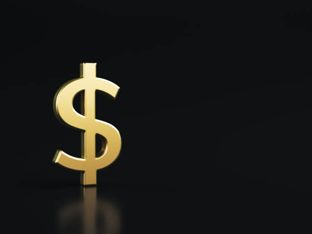 istock 3d rendering Gold colored Dollar symbol on a reflective black background. 2128545890
