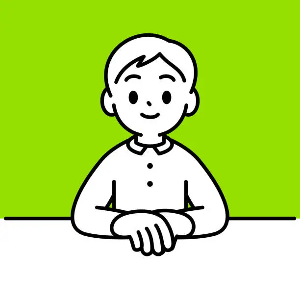 Vector illustration of A boy sitting at the table with a smile, one hand on the other hand, minimalist style, black and white outline