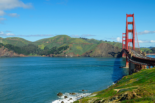 Golden Gate Bridge from San Francisco side of Bay.\n\nTaken from Golden Gate Overlook, San Francisco, California, USA.