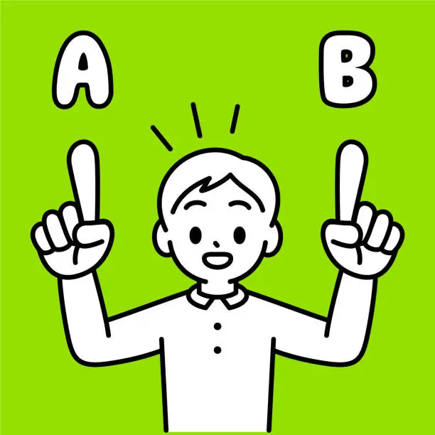 Vector illustration of A boy's fingers point at different options, minimalist style, black and white outline