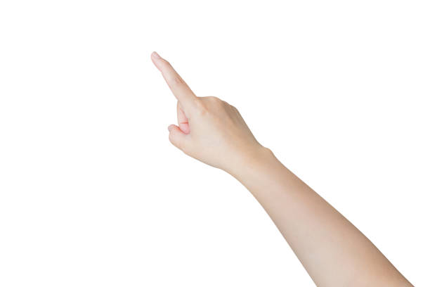 istock female hand touching or pointing to something isolated on white background 2128666492