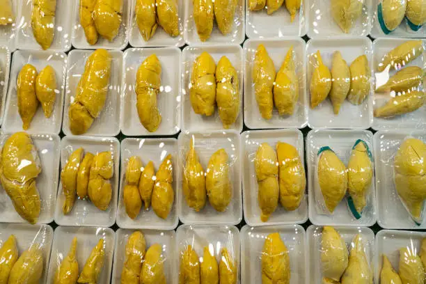 Photo of Close up of several durians on the shelf. harvesting durian. Ripe smelly fruits of royal fruit on the counter in the store.