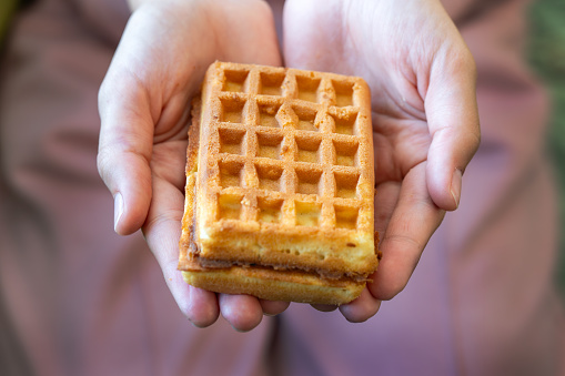 Crop person holding appetizing sweet Belgian waffles with chocolate