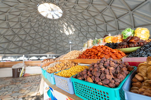 Photo of round pavilion of the Chorsu food bazaar , second name of the market is Eski Zhuva. The dome is a view from below.