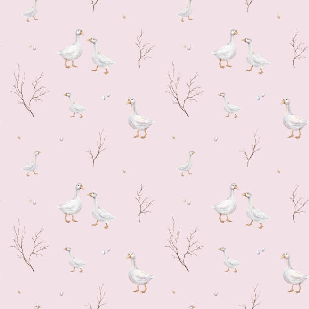 watercolor seamless pattern with goose farm bird and pastel color eggs for easter designs and fall tree branch. tender watercolor plant illustration on a isolated on white background. - duck animal egg isolated bird stock-grafiken, -clipart, -cartoons und -symbole