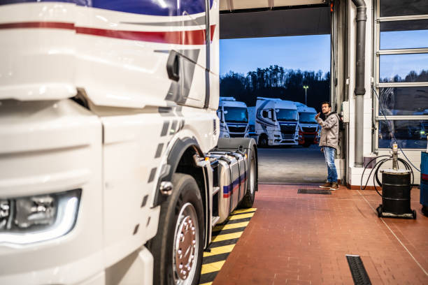 Interior of truck truck repair shop.