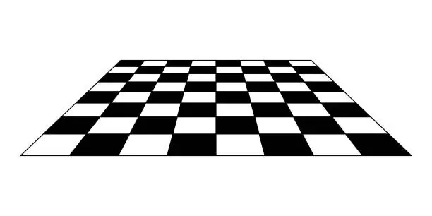 Vector illustration of Empty chessboard plane in perspective. Tiled mosaic floor. Sloped checkerboard texture. Inclined board with black and white squares pattern isolated on white background. Vector flat illustration