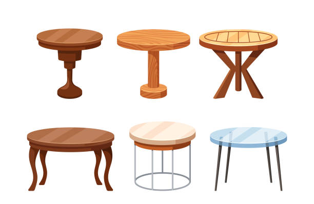 Round Wooden Tables Exude Warmth With Their Natural Grain, While Glass Tables Add Modern Elegance, Reflecting Light Round Wooden Tables Exude Warmth With Their Natural Grain, While Glass Tables Add Modern Elegance, Reflecting Light And Creating An Airy Feel, Both Inviting Gatherings And Conversations. Vector Set table leg stock illustrations