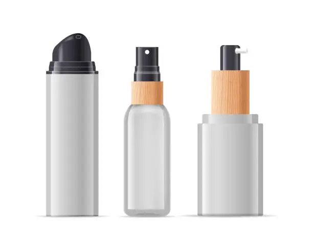 Vector illustration of Sprayer Cosmetics Bottles. Containers Equipped With Spray Mechanisms, Designed For Convenient Application, Vector Mockup