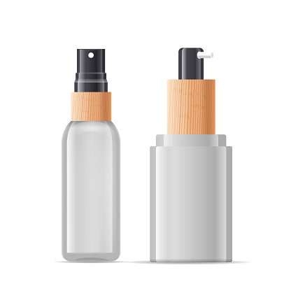 Sprayer Cosmetics Bottles Realistic 3d Vector Mockup. Glass Flasks with Pump Mechanism For Dispensing Liquid Products Like Perfumes Or Facial Mists, Ensuring Controlled Application With A Fine Mist