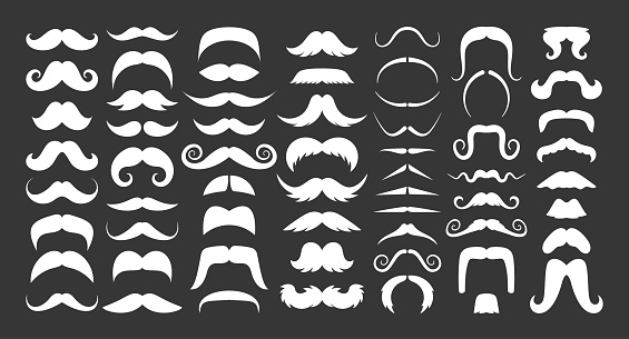 Mustache Types White Silhouette Vector Icons Set. Handlebar, Chevron, Dali and Fu Manchu, Horseshoe, Imperial, Pencil, Walrus, And English-style Diverse Whiskers Collection Popular In Grooming Culture