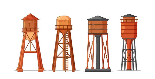 Vector illustration of Vector Water Towers, Tall, Elevated Metal Constructions Used To Store And Distribute Water To Surrounding Areas