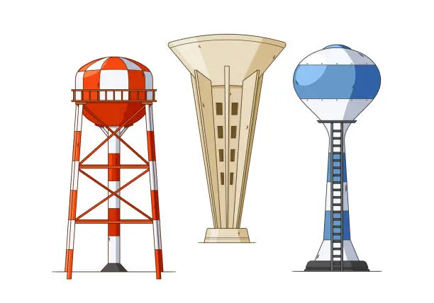 Vector illustration of Water Towers, Elevated Structures Used To Store And Distribute Water To Communities. They Maintain Water Pressure