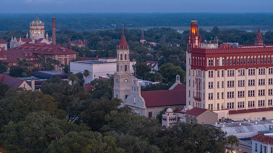 The Historical Downtown district with the Cathedral Basilica of St. Augustine, Flagler College, City Hall, and other historic buildings of Saint Augustine, Florida, in the early morning.