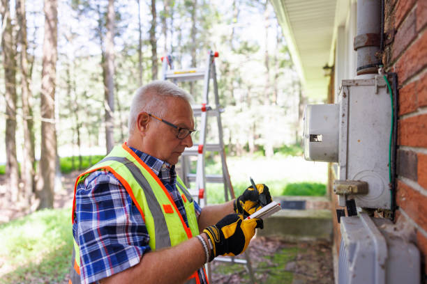 istock Electricity meters check. Mature engineer worker in vest examining meters, writes notes, and assesses storm aftermath for private houses outdoors. 2128704081