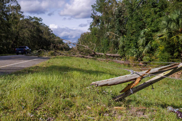 istock Windblown chaos on roadside: hurricane winds breaking electric poles and trees on North Florida highway 2128704096