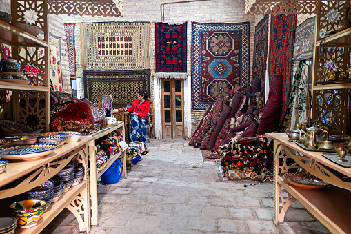 November 3, 2023. Khiva Khorezm region, Uzbekistan. Traditional Oriental hand-woven Carpets with Geometric Patterns in Uzbekistan