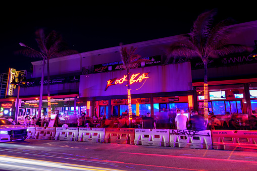 Fort Lauderdale, FL, USA - March 30, 2024: Long exposure night photo Rock Bar Fort Lauderdale Beach Florida
