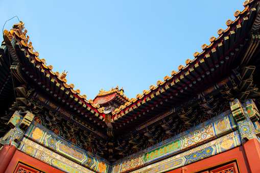 Close up on the roof details of Yonghegong Lamasery, Yonghe Lamasery is the biggest Tibetan Buddhist Lama Temple in Beijing, it was built in 1694.