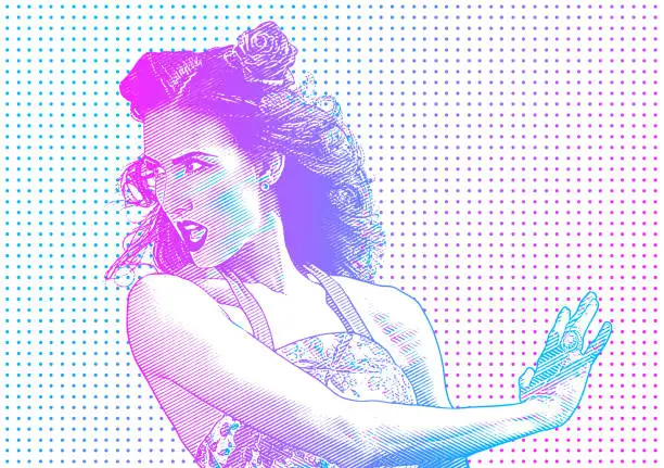 Vector illustration of Retro style illustration of frustrated woman with Glitch Technique