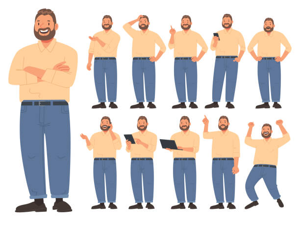 Bearded friendly stocky man in various activities on a white background. The guy uses gadgets Bearded friendly stocky man in various activities on a white background. The guy uses gadgets, thinks, is surprised, and rejoices. Vector illustration in flat style casual clothing stock illustrations