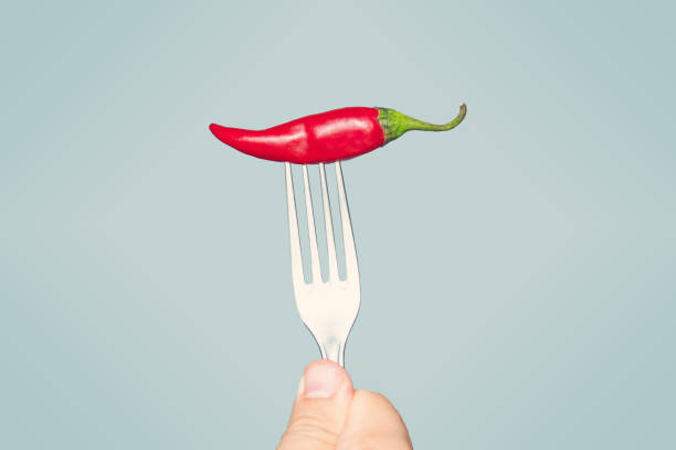 Fork with chili hot pepper on blue background