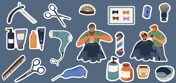 Set of vector flat illustrations, stickers, atmosphere of barbershop, barbering supplies, tools, client and barber in the process of haircutting and beard care, communication, rest, people.