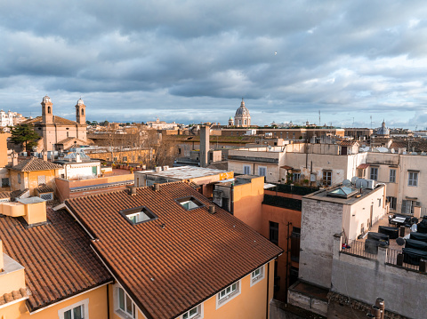 Aerial view of Rome city center from above. Beautiful panoramic sunset view over Roma.