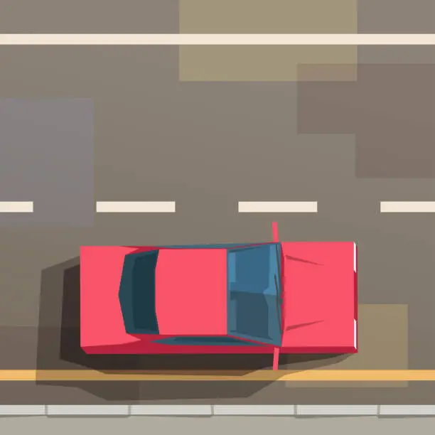 Vector illustration of red car driving on road top view