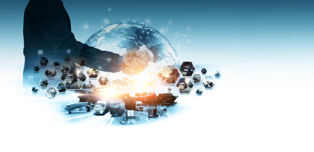 istock Smart logistics and transportation. Concept, Businessman making handshake for successful business, investment deal teamwork on logistic global network distribution on world map background 2128794550