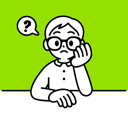 Minimalist Style Characters Designs Vector Art Illustration.
A studious boy with Horn-rimmed glasses, sitting at the table, thinking, hands on the chin, head leaning on hand, minimalist style, black and white outline.