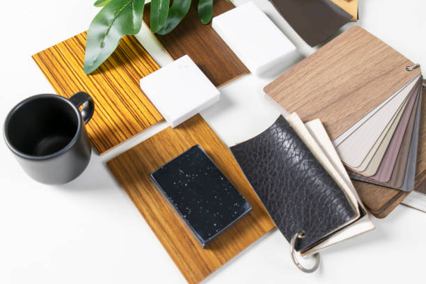 istock Interior materials include laminated planks, real wood, white stone material on paper, and interior design. The use of ornamental materials and interior design businesses 2128863020