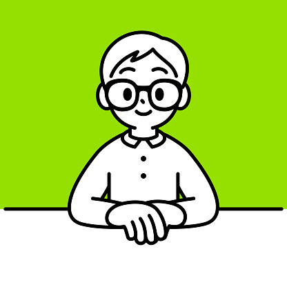 Minimalist Style Characters Designs Vector Art Illustration.
A studious boy with Horn-rimmed glasses, sitting at the table with a smile, one hand on the other hand, minimalist style, black and white outline.