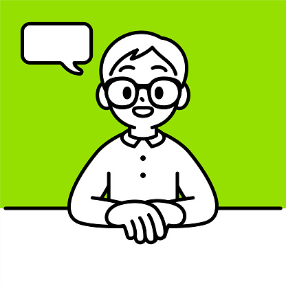 Minimalist Style Characters Designs Vector Art Illustration.
A studious boy with Horn-rimmed glasses, sitting at the table smiling, talking, one hand on the other hand, minimalist style, black and white outline.