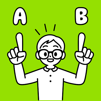 Minimalist Style Characters Designs Vector Art Illustration.
A studious boy with Horn-rimmed glasses, pointing at different options with his index finger, minimalist style, black and white outline.