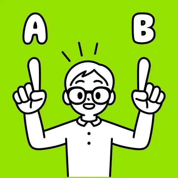 Vector illustration of A studious boy with Horn-rimmed glasses, pointing at different options with his index finger, minimalist style, black and white outline