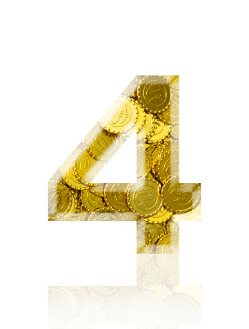 Close-up of three-dimensional Dollar sign gold coins number 4 on white background.